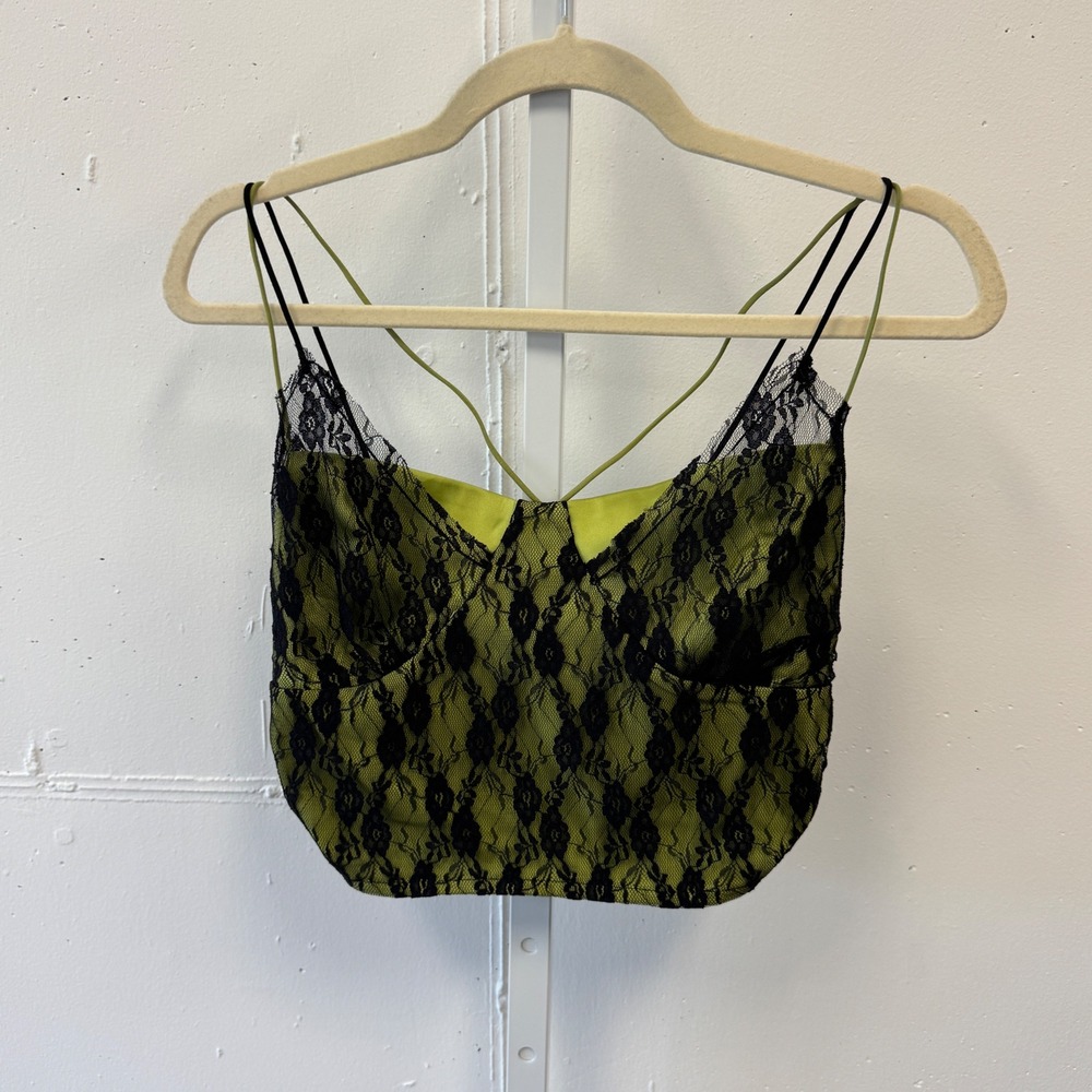 NWT Cider Lime Green Black‎ Lace Crop Top Bustier Cami Strappy Back Sm Whimsical